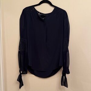 Rebecca Taylor Navy Lace-Detail Tie Cuff Blouse